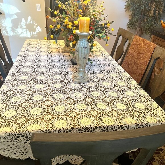 Crocheted Vintage Tablecloth-Handmade-Ivory/Cream-Approx. 68" x 108"-Rounded - Picture 2 of 10